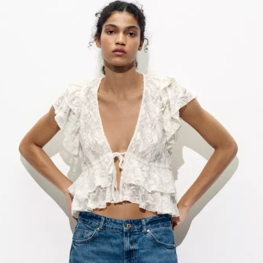 New Zara Lace Top Size Small Off White Tie Up Coquette NWT